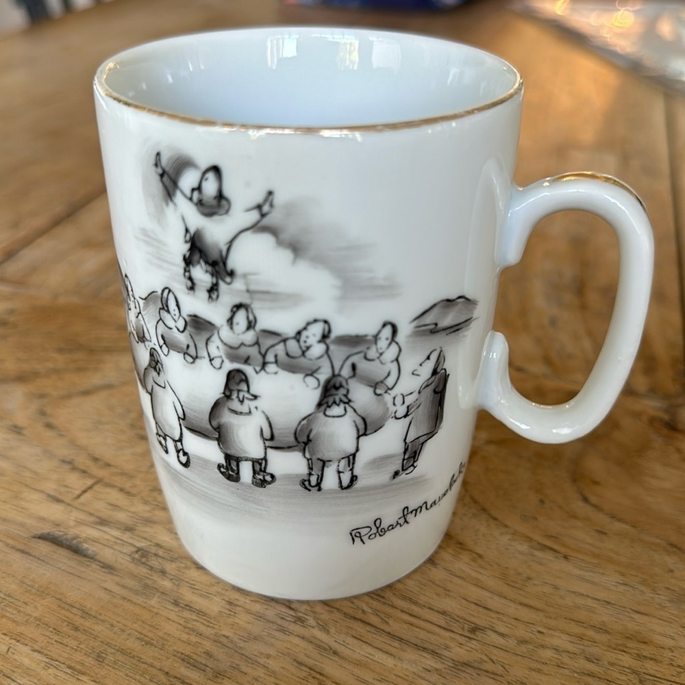 Robert Mayokok Inuit Artist Signed Porcelain Mug – “Blanket Toss” – 1950s